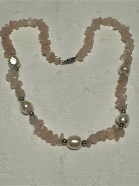 Rose Quartz and Pearl Bead Necklace - Women Jewelry Sterling